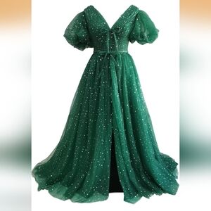 Sparkle Starry Tulle A Line Puffy Sleeve Gown
